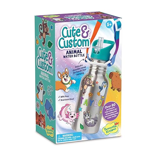 MindWare Cute & Custom Animal Water Bottle Decorating Kit - DIY Animal Sticker Set with Stainless Steel Bottle, Ages 5 and Up