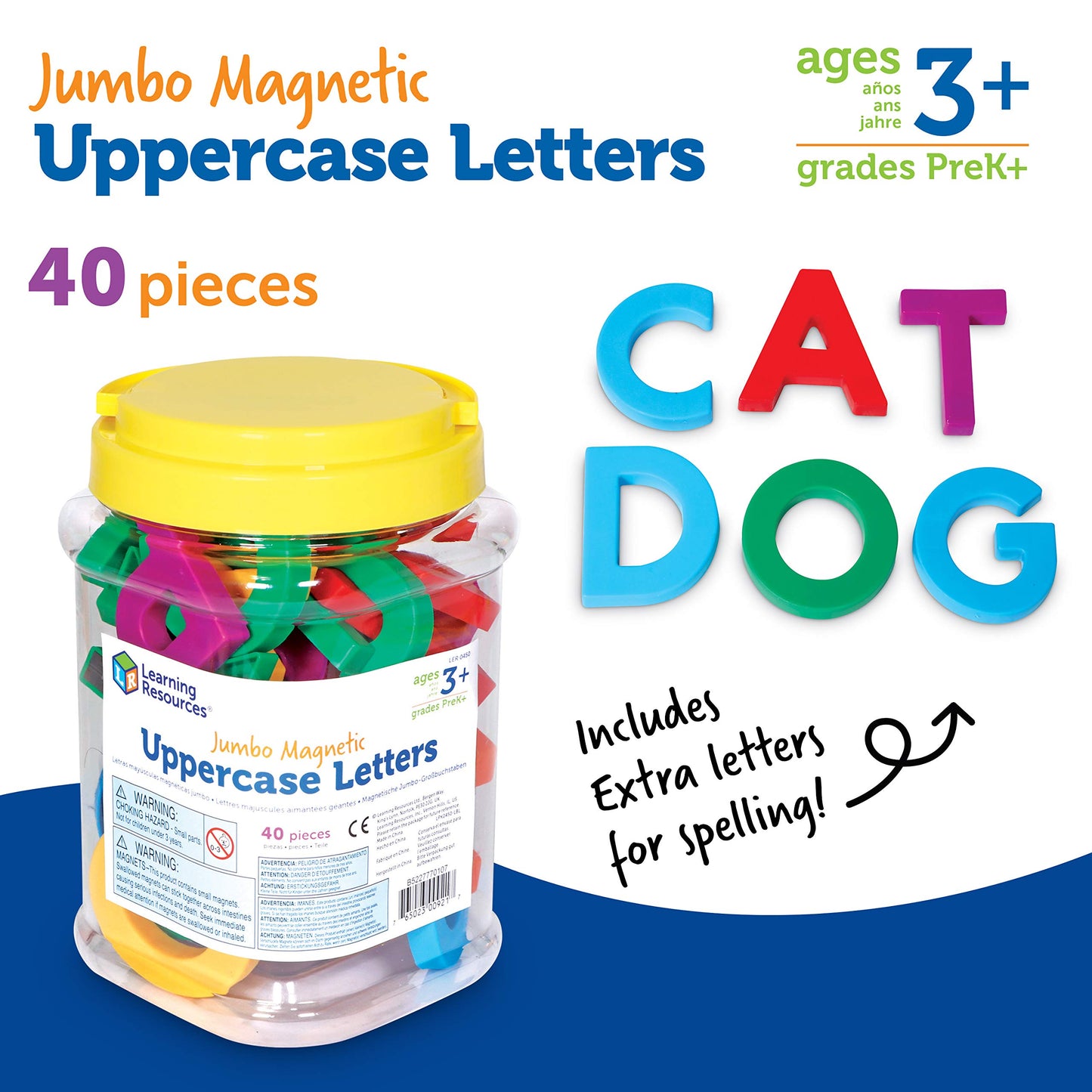 Learning Resources Jumbo Magnetic Uppercase Letters – 40-Piece Colorful ABC Set for Kids, Early Letter Recognition & Learning, Ages 3+