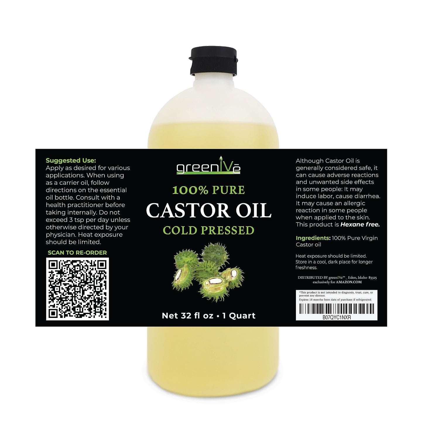 GreenIVe 100% Pure Castor Oil - Cold-Pressed, Hexane-Free - Hair, Eyebrows, Eyelashes, Skin Moisturizer, Castor Pack Wrap Oil Bulk Bottle (32 Fl oz)