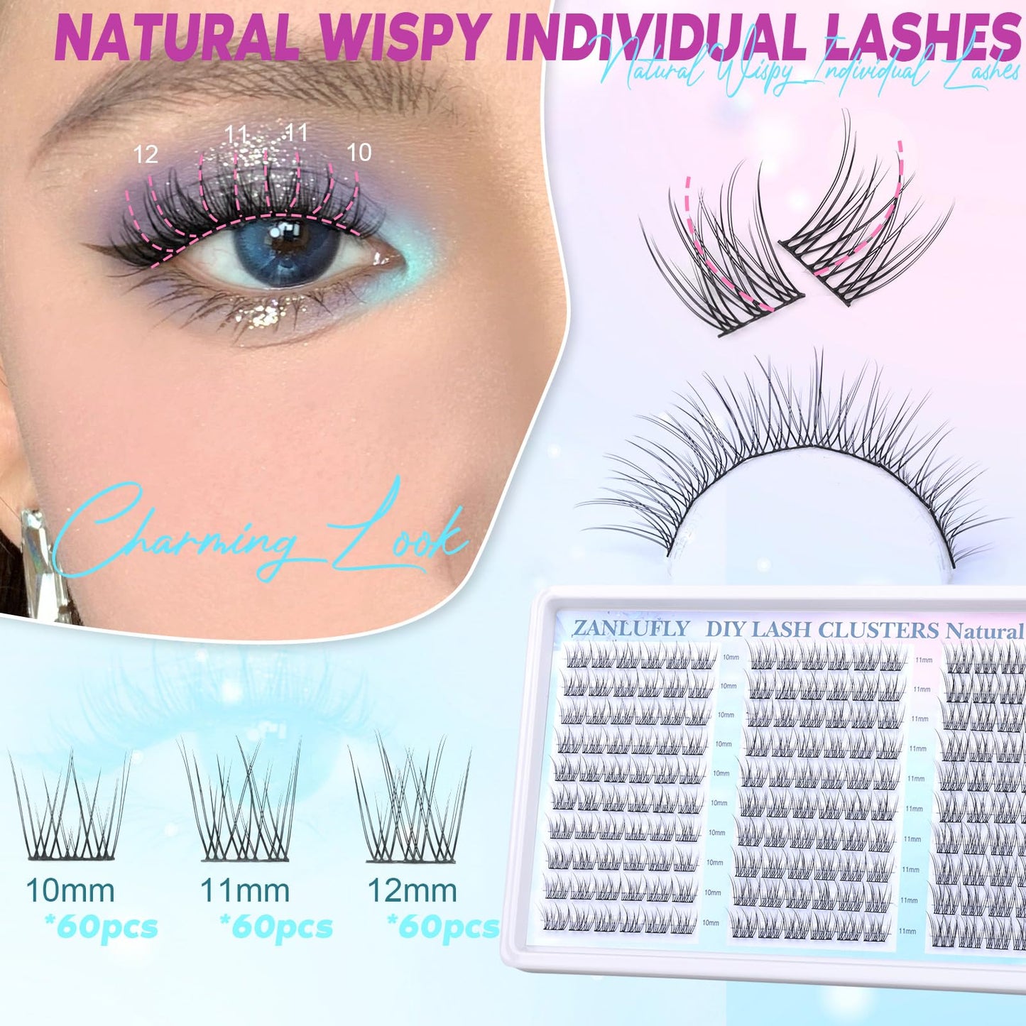 Lash Clusters Wispy Eyelash Clusters CC-Curly Cluster Lashes zanlufly Natural Individual Lashes 180Pcs Eyelash Extension 10-12MM DIY Lash Extension Beauty and Personal Care zanlufly