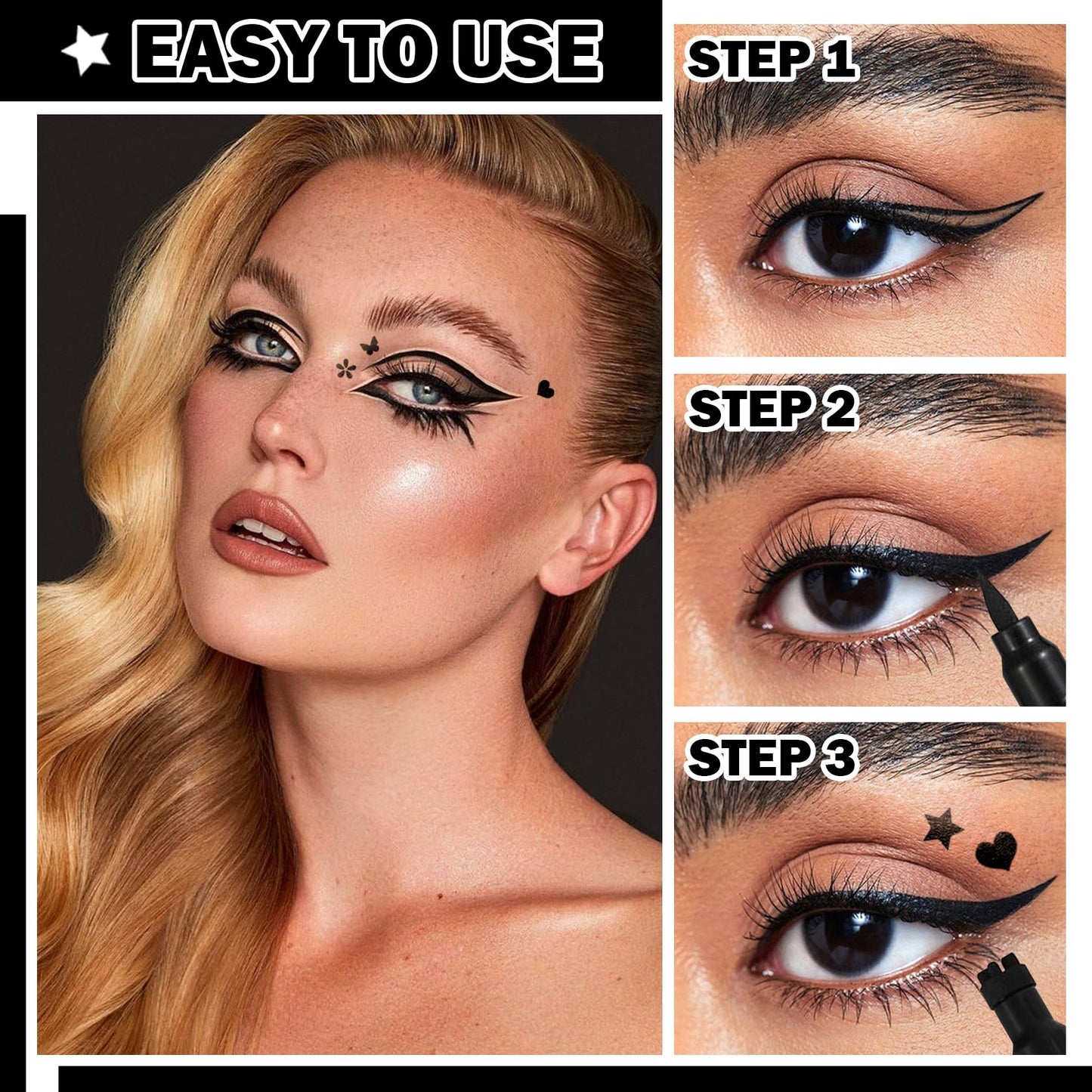 5PCS Black Liquid Eyeliner Stamps Set,Double-side Winged Eyeliner Stencil Pen,Waterproof Long Lasting Eye Liners Stamp Eyeliner Pencil Tattoo Makeup