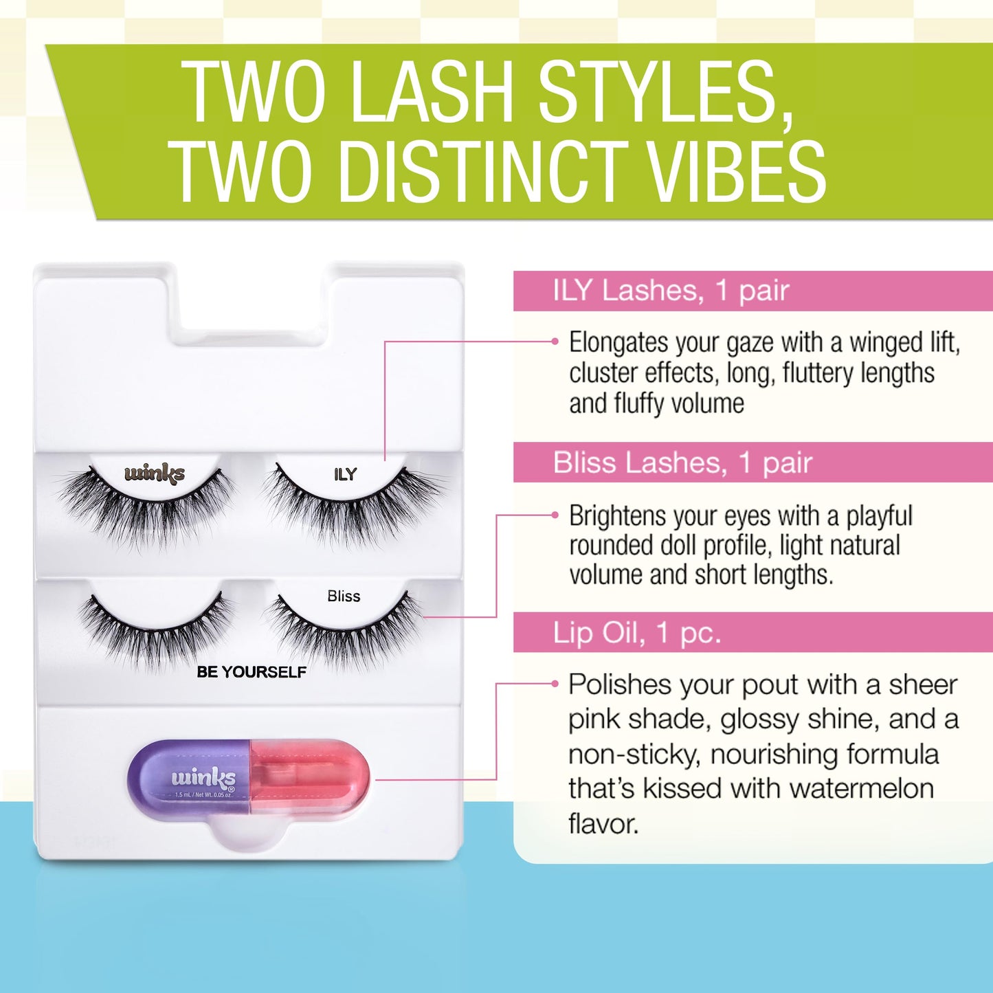 Ardell Winks Be Yourself Lashes & Lip Kit - Includes ILY & Bliss Natural False Eyelashes + Lip Oil, Dual Lash Kit and Lips Enhancer, Easy Glam Makeup…