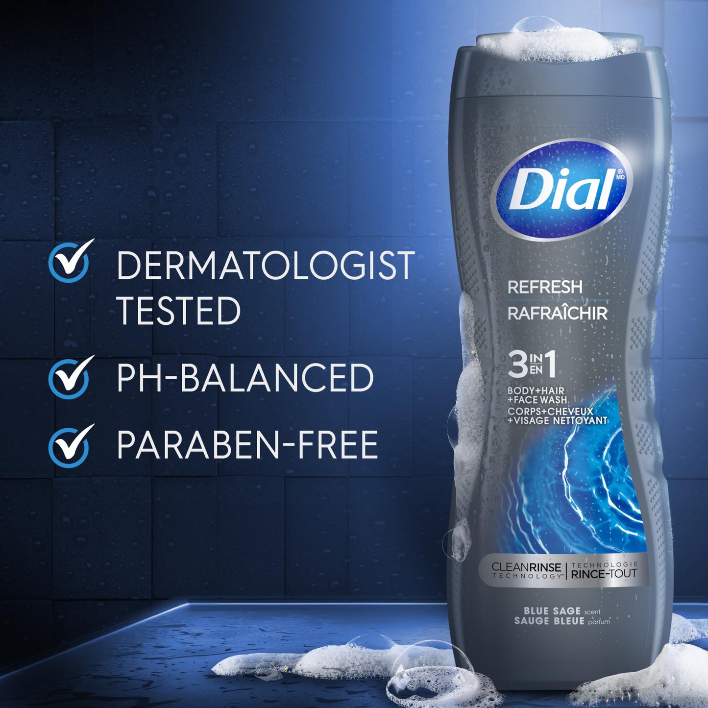 Dial Men 3 in 1 Body, Hair and Face Wash, Refresh, 16 Fl Oz (Pack of 4), Blue Sage Scent, Cleanses Deep + Gentle on Skin with Clean Rinse Technology