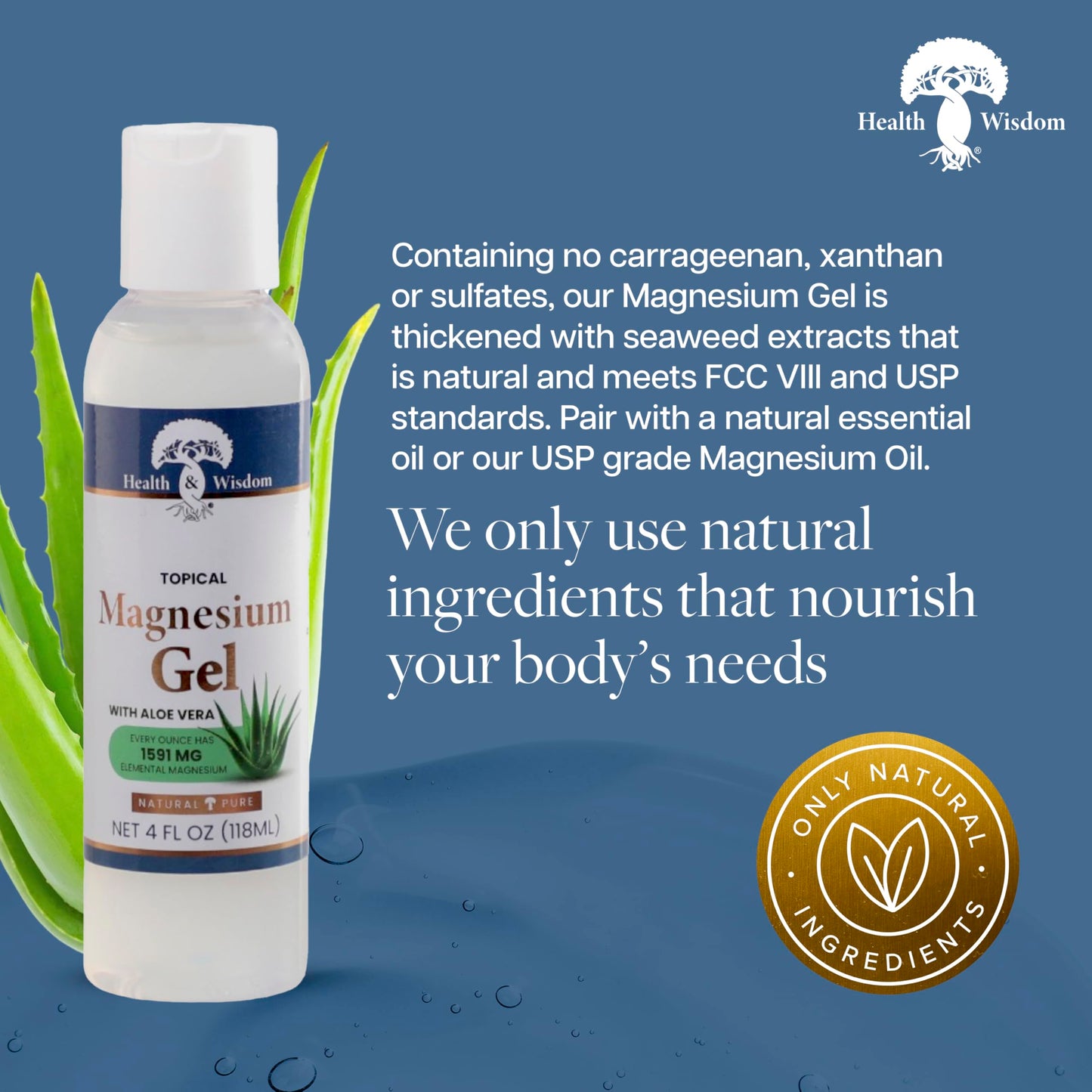 Health & Wisdom Pure Magnesium Gel with Seaweed Extract and Aloe Vera - USP Grade Topical Muscle & Joint Relief- Natural and Pure Skin & Scalp