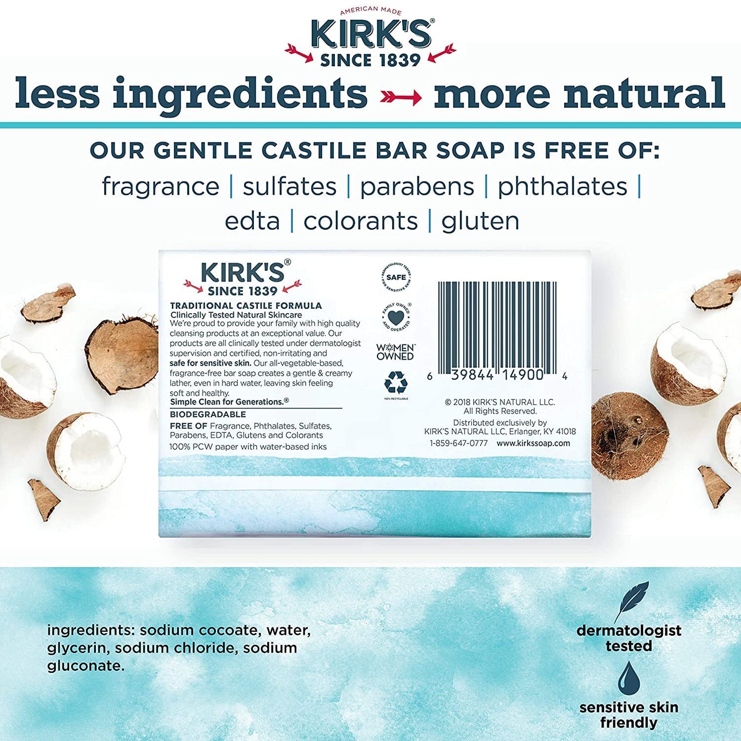 Castile Bar Soap by Kirk’s | Clean Soap for Men, Women & Children | Premium Coconut Oil | Sensitive Skin Formula, Vegan | Fragrance-Free/Unscented |