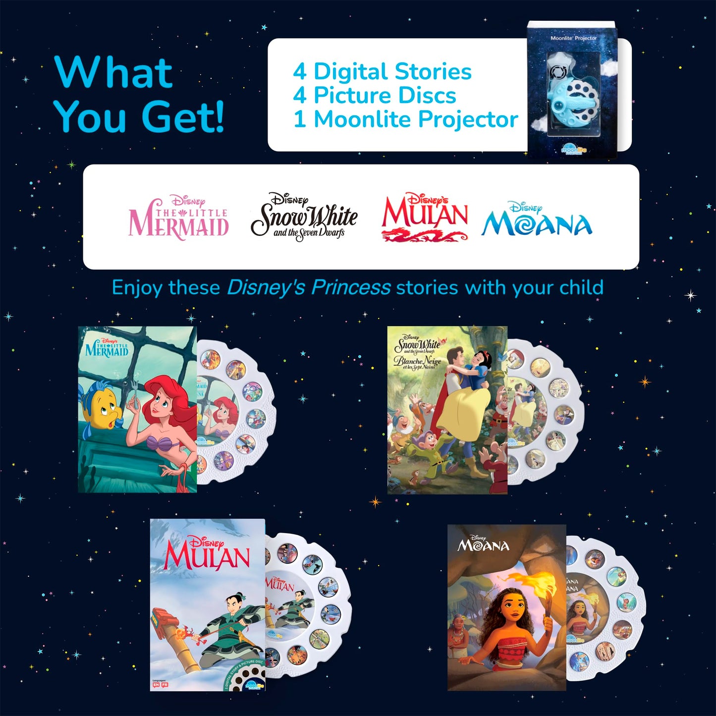 Moonlite Mini Projector with 4 Disney Princess Stories | Storytime Projector & Digital Stories | Reading Toy & Gift for Kids Ages 1+