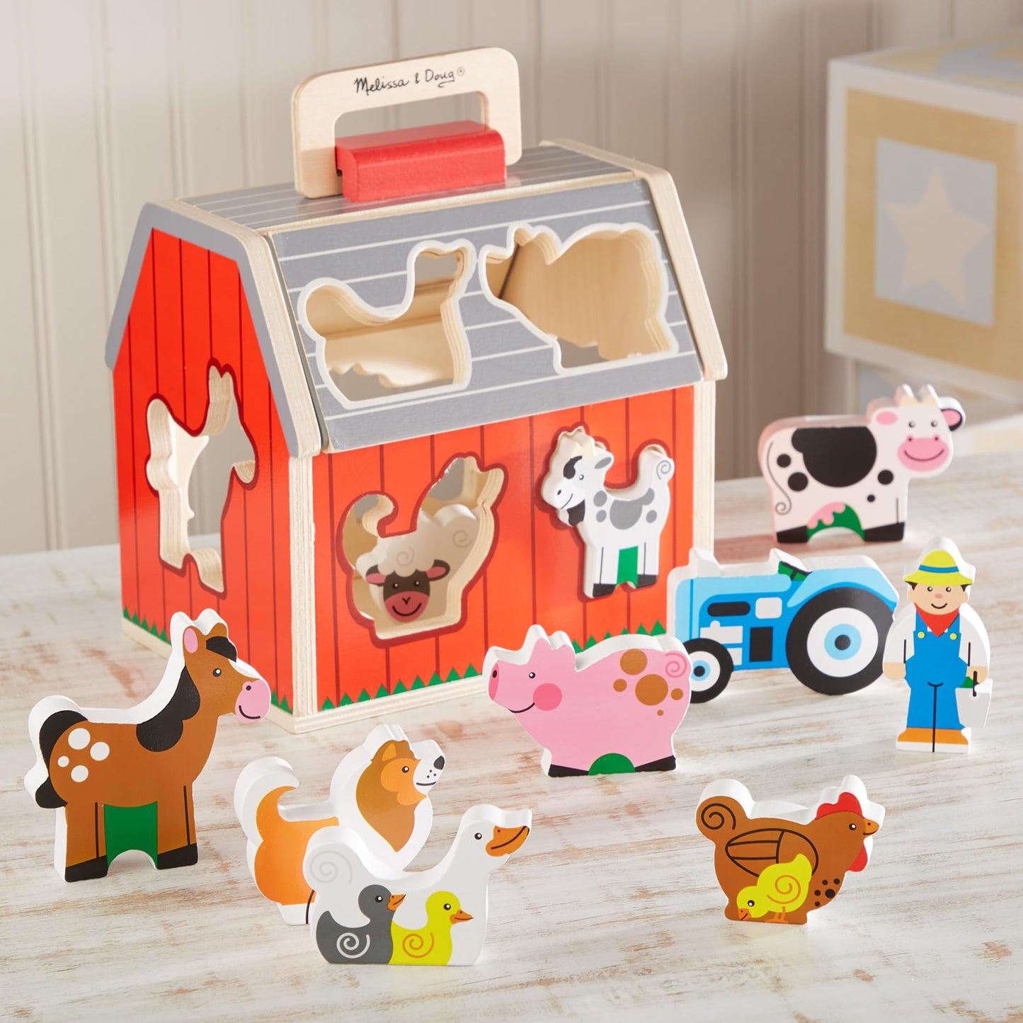 Melissa & Doug Wooden Take-Along Sorting Barn – Shape Sorting Farm Toy with 10 Wooden Pieces, Educational Learning Toy for Toddlers Ages 2+
