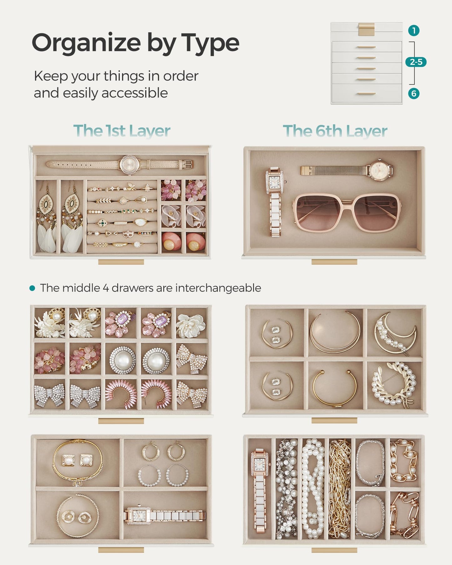 SONGMICS Jewelry Box Organizer with Glass Lid, 6-Layer Jewelry Storage, with 5 Drawers, Modern Style, 6.4 x 9.9 x 11.4 Inches, Cloud White and Gold…