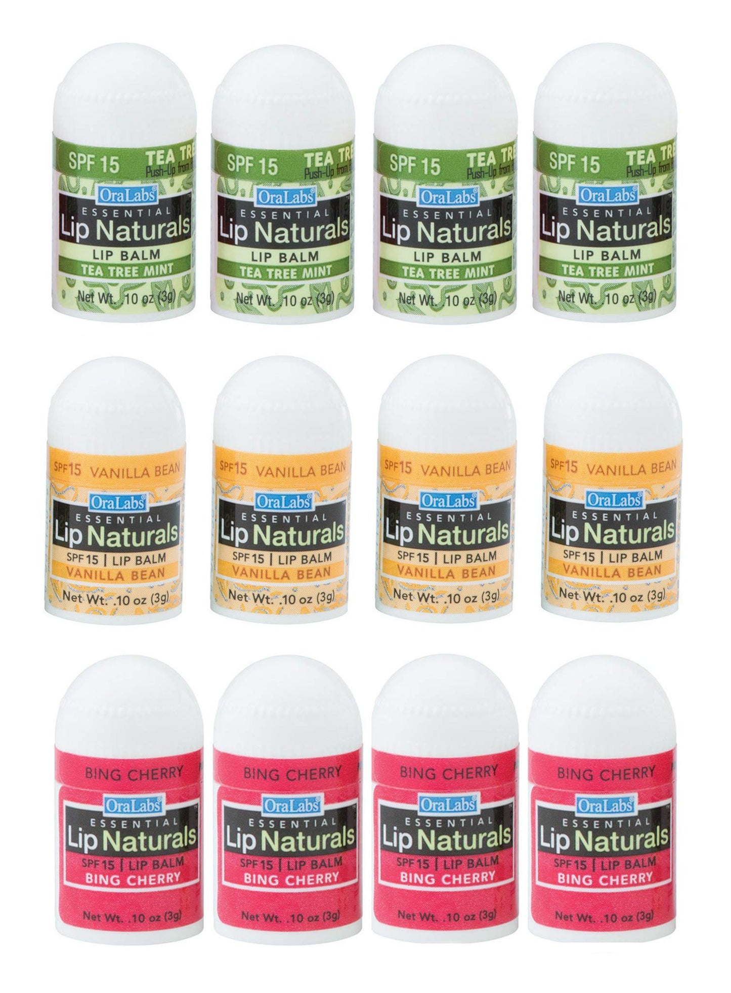 Lip Naturals Mini Lip Balm with SPF 15 Sunscreen, 12 Count Pack, Cherry, Tea Tree Mint & Vanilla Bean Flavors, Made in USA, 0.10oz Each