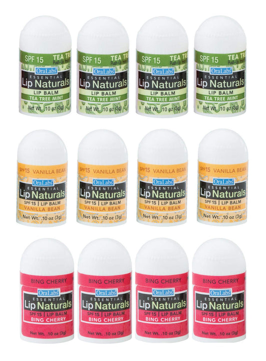Lip Naturals Mini Lip Balm with SPF 15 Sunscreen, 12 Count Pack, Cherry, Tea Tree Mint & Vanilla Bean Flavors, Made in USA, 0.10oz Each