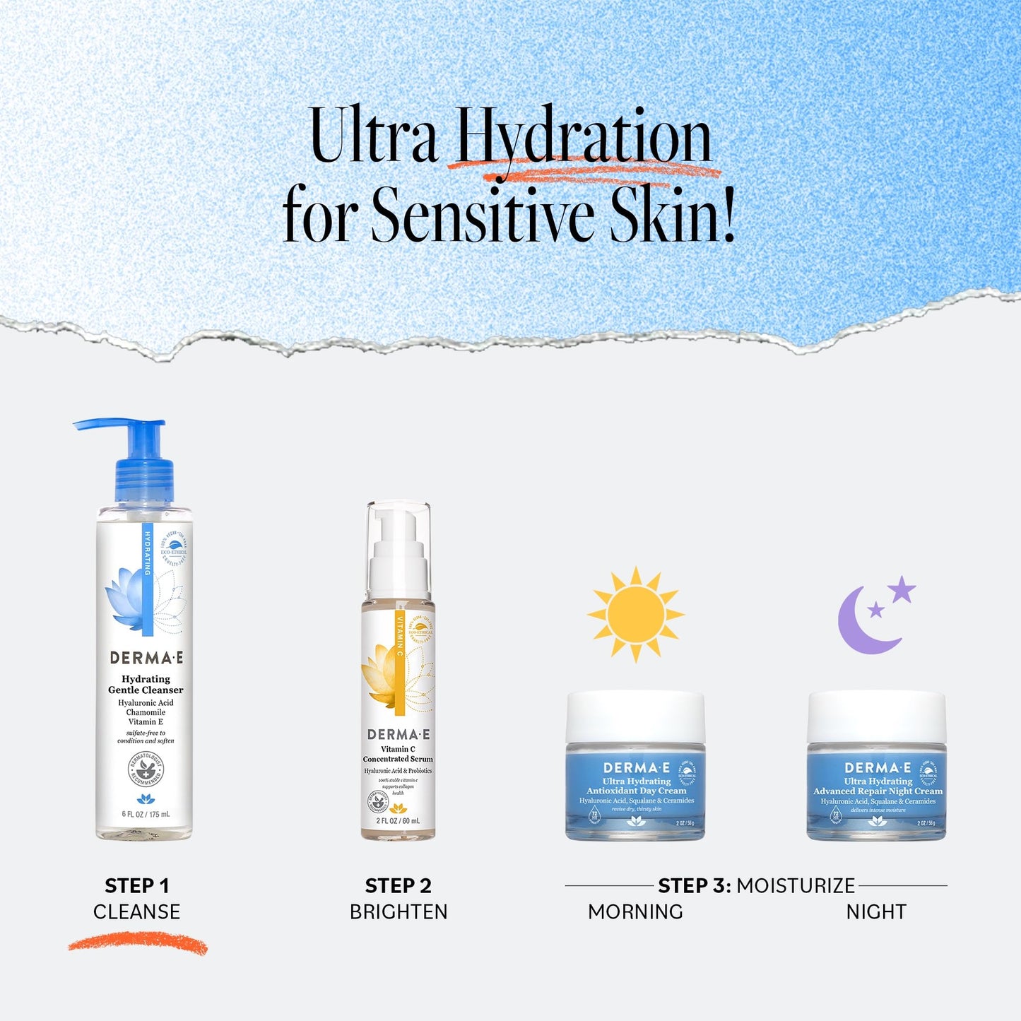 Derma E Hydrating Gentle Cleanser with Hyaluronic Acid - Moisturizing Facial Cleanser Tones, Moisturizes & Improves Skin Texture - Gently Exfoliating
