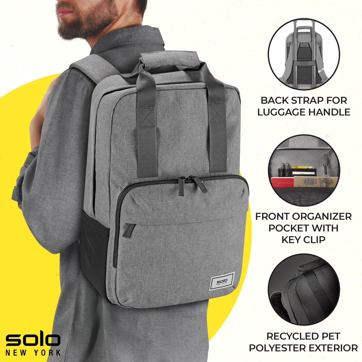 Solo New York Laptop Backpack for Women & Men -Carry On Bookbag for Travel & Work, Lightweight Bag, Side Mesh Pockets, Fits 15.6" Computer - Re:Claim, Grey