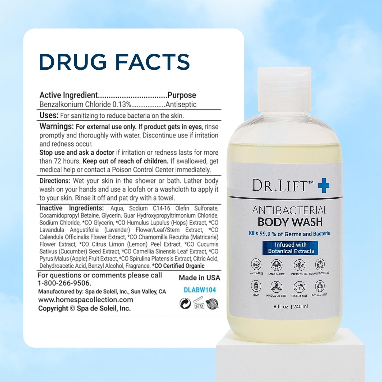 DR. LIFT Antibacterial Body Wash, Refreshing Scent, Hydrating Shower or Bath Cleanser With Citric Acid, Spirulina, and Lemon, Clean Moisturizing