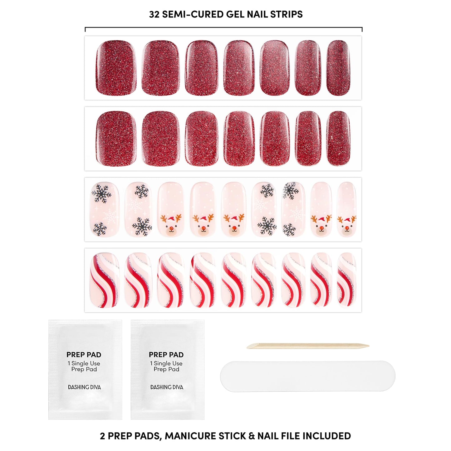 Dashing Diva Glaze Nail Strip Set - Jolly and Bright - Long Lasting, Chip Resistant, Semi-Cured Gel Nail Strips - Holiday Gel Set - 4-Piece Manicure Beauty & Personal Care Dashing Diva