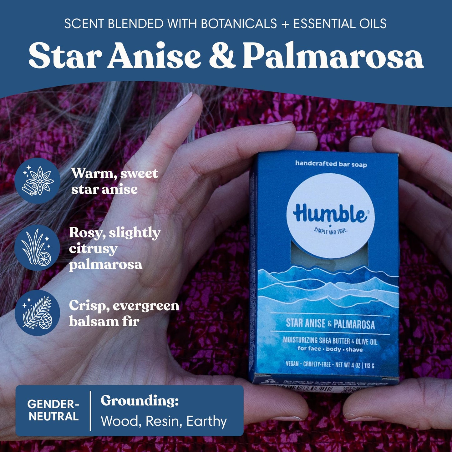 Humble Natural Bar Soap, Star Anise & Palmarosa - Cold Processed Face & Body Soap Bar with Essential Oils - Moisturizing Formula for Long-Lasting