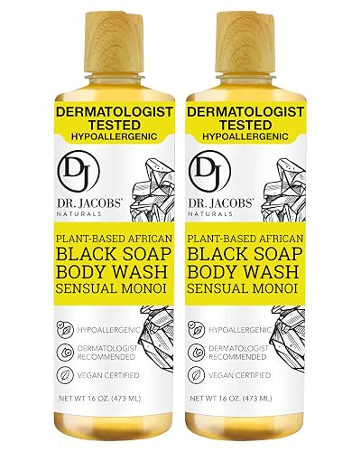 Dr Jacobs Naturals Authentic African Black Liquid Soap with Sensual Monoi Scent | All-In-One Face Wash, Sensitive Skin Body Wash, Shampoo, Shaving