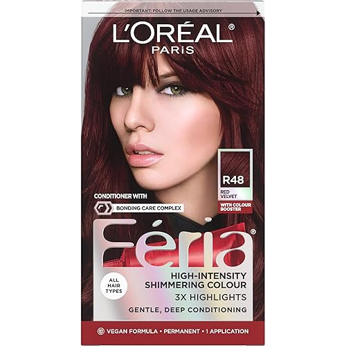 L'Oreal Paris Feria Multi-Faceted Shimmering Permanent Hair Color, R48 Red Velvet (Intense Deep Auburn), Pack of 1 Hair Dye Kit