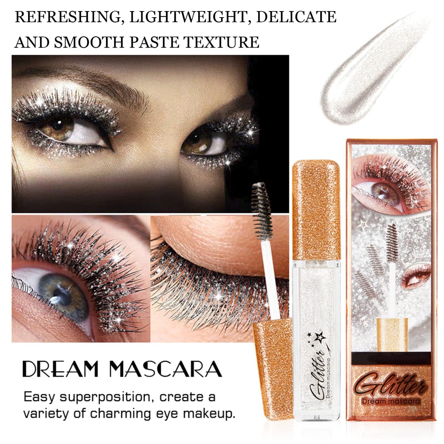 MIESCHER Silver Mascara for Eyelashes, Waterproof, Long-lasting, Diamond Glitter, Lengthening, Curling