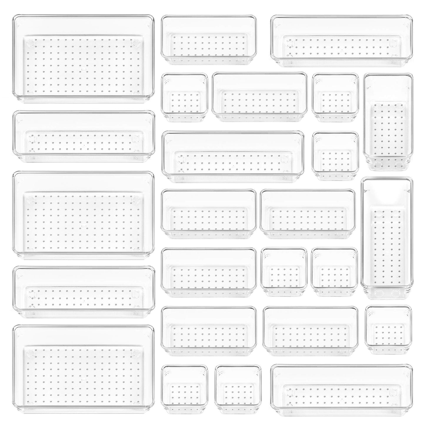 Vtopmart 25PCS Clear Drawer Organizer Set – 4 Sizes for Bathroom, Kitchen, Makeup, Utensils, Office & Vanity Storage Bins