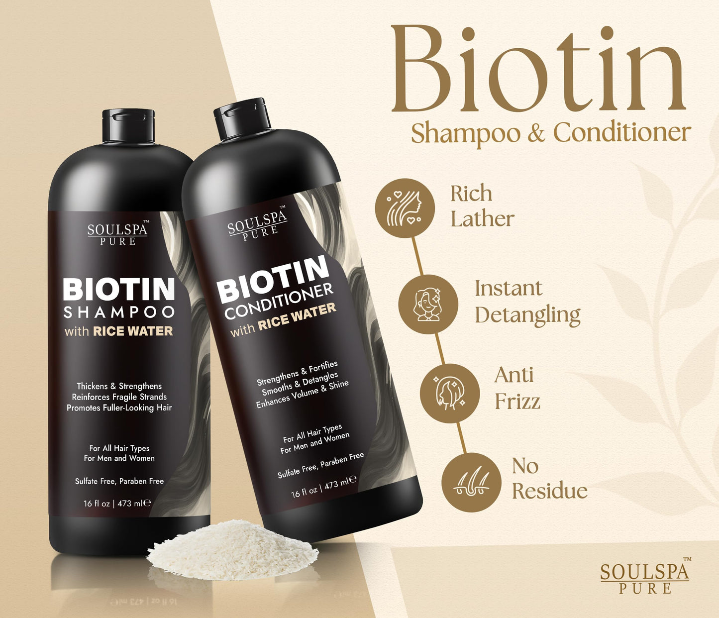 SOULSPA PURE Biotin Rice Water Shampoo and Conditioner Set - Thickening Formula with Rice Protein & Keratin - Strengthening Hair Care for Thinning