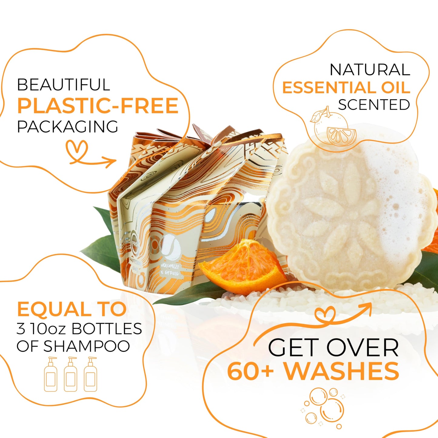 Viori Citrus Zest Essential Oil Shampoo Bar Made with Rice Water - Handcrafted All Natural Shampoo Bars - Sulfate Free