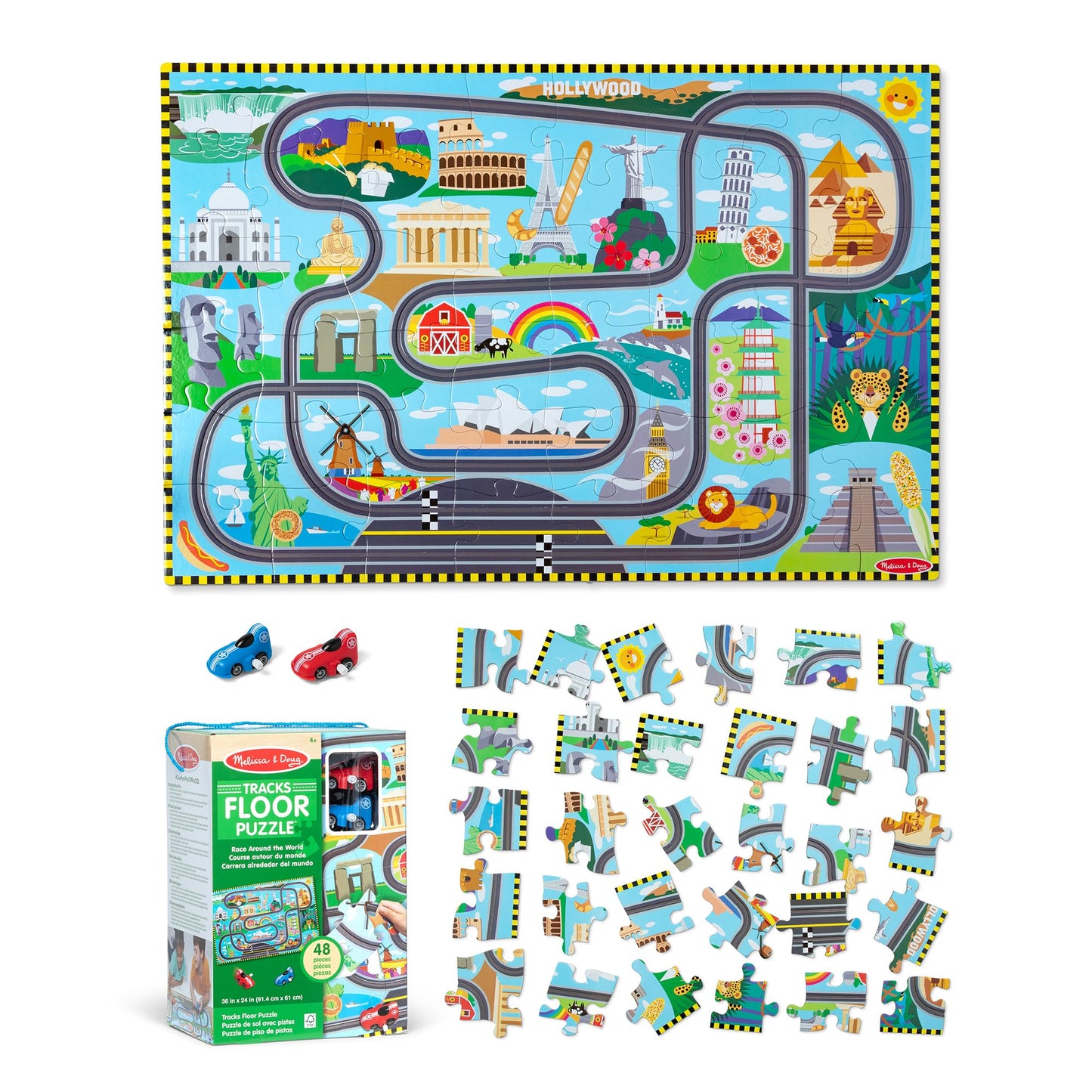 Melissa & Doug Race Around The World Floor Puzzle – 48-Piece Cardboard Jigsaw with Wind-Up Vehicles, Educational Toy for Kids Ages 4+, FSC Certified