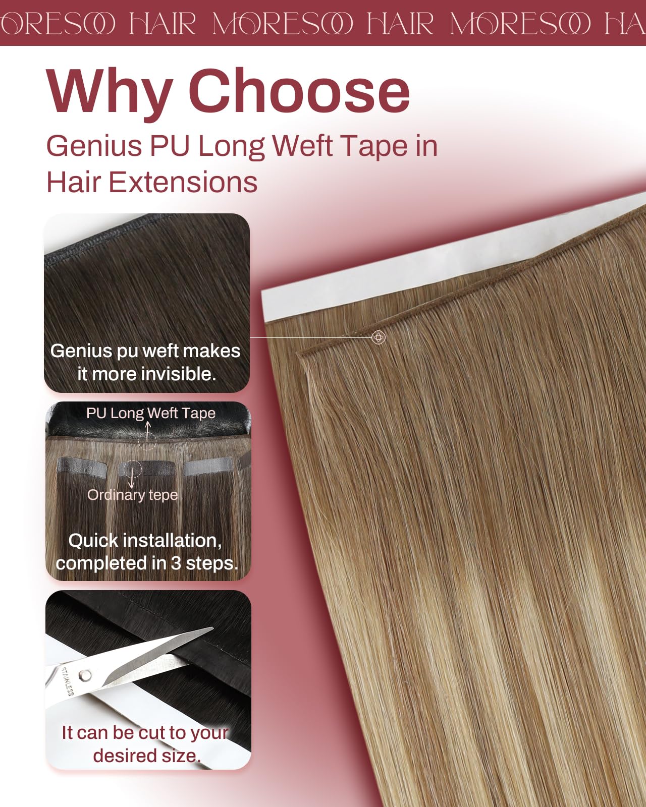 Moresoo Genius Tape Weft Hair Extensions Human Hair Blonde Invisible Pu Long Weft Tape in Extensions Human Hair Light Brown And Platinum Blonde Hair Beauty and Personal Care Moresoo