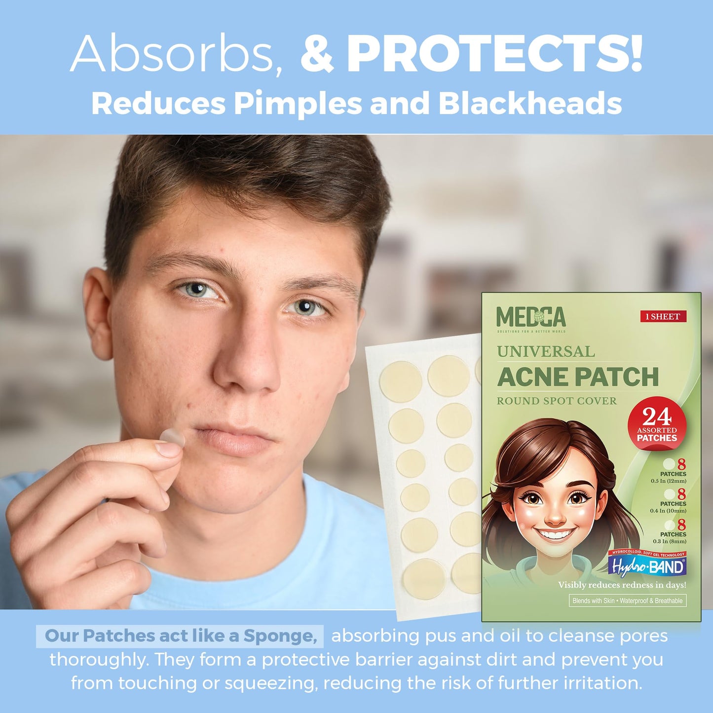 Acne Patches for Face - Hydrocolloid Bandages (24 Count) Pimple Patches for Face in 3 Universal Sizes, Acne Spot Treatment Care for Face & Skin Spot