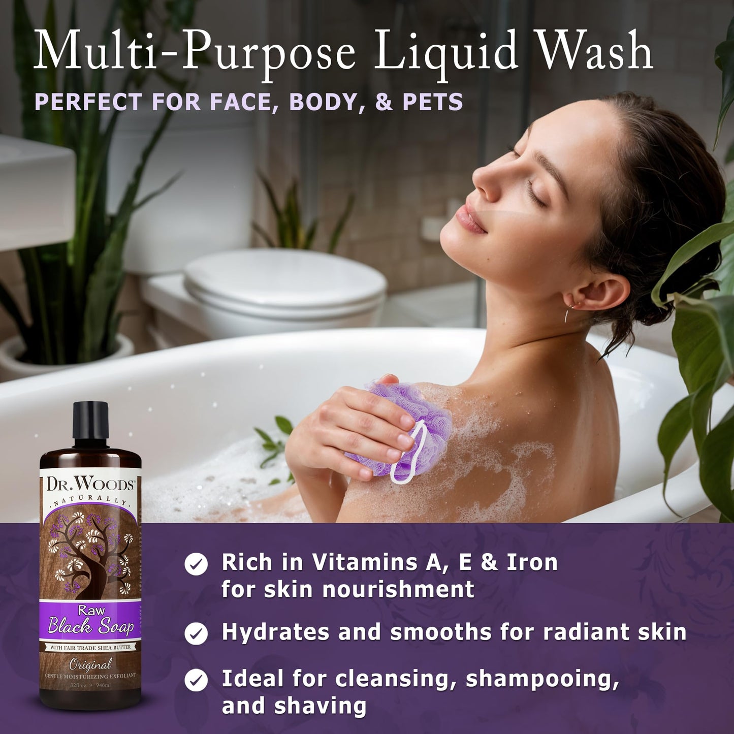 Dr. Woods Raw Liquid Black Soap - Body Wash for Men and Women, Gentle Exfoliant, Natural Cleanser for Face, Hands, and Body - 32 Fl Oz