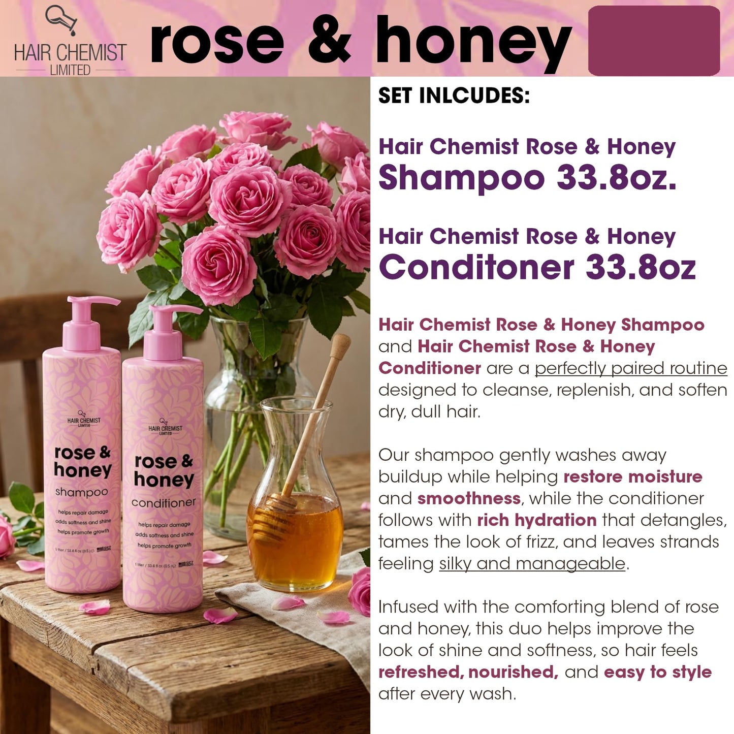 Hair Chemist Rose & Honey Shampoo 33.8 Ounce & Conditioner 33.8 Ounce 2-PC Set