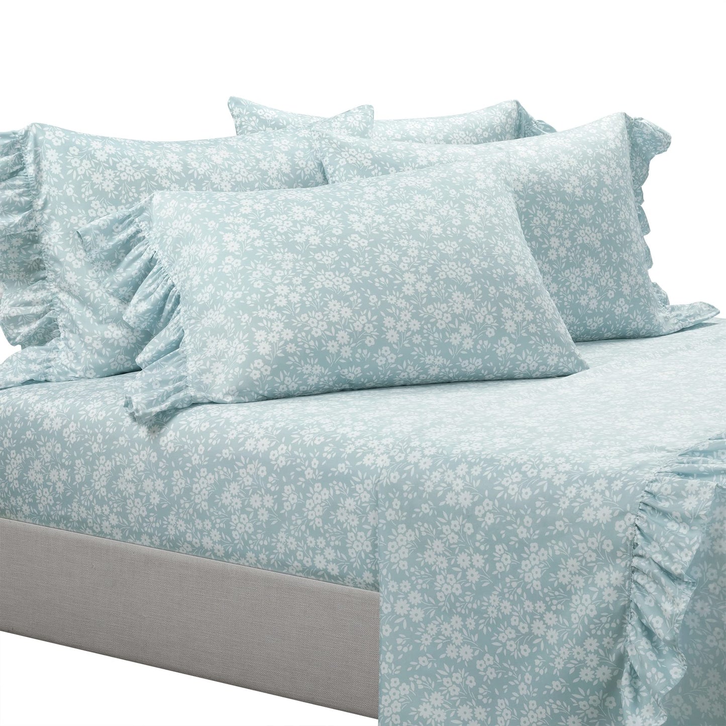 Lush Decor Garden of Flowers Ruffle Sheet Set Queen 6 Piece Set Blue - Floral Sheets - Blue Sheet Set Queen Size Bed Sheets - Coquette Bedroom Decor