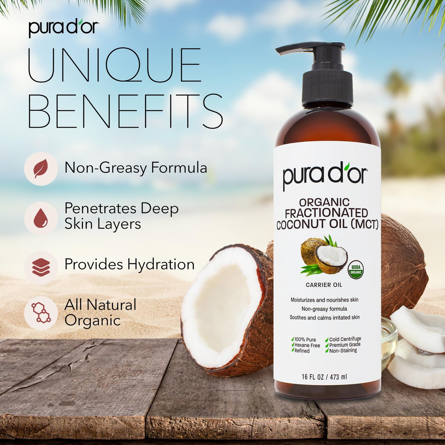 PURA D'OR ORGANIC Fractionated Coconut Oil MCT Oil (16 Oz) 100% Pure & Natural USDA Certified