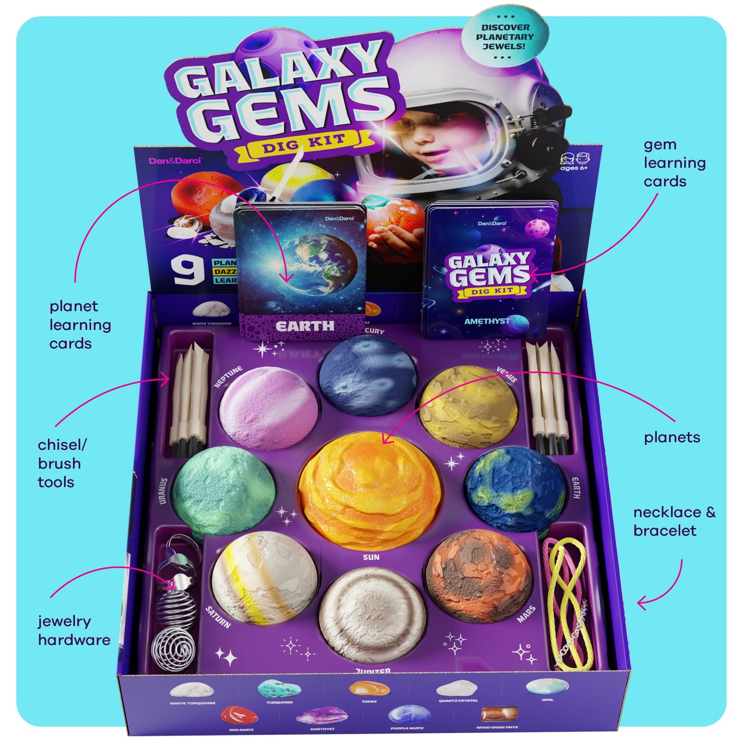 Dan&Darci Galaxy Gem Dig Kit – Space Science STEM Toy with Gemstones for Kids Ages 6-12, Fun Gift for Boys & Girls