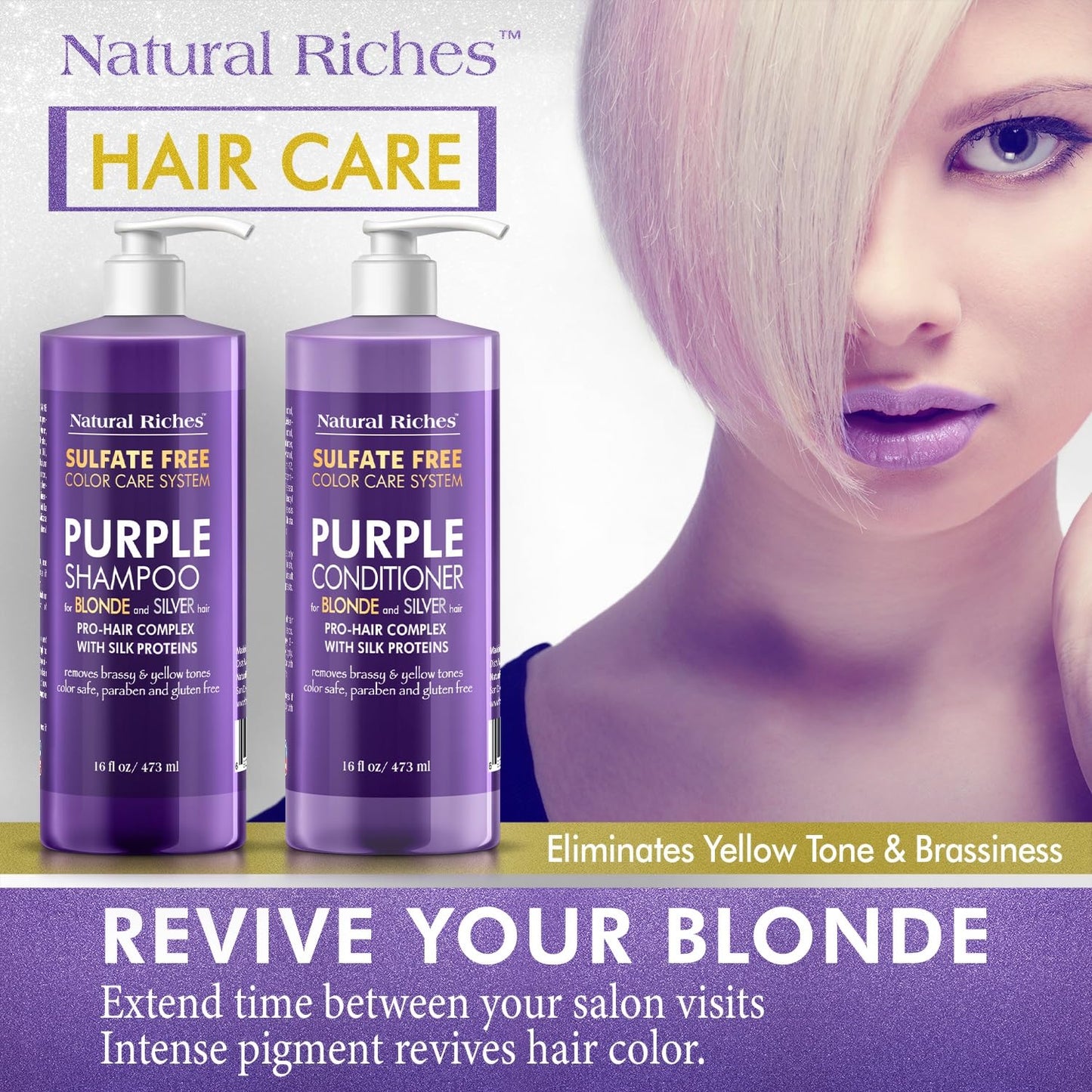 Natural Riches Purple Shampoo and Conditioner Set for Blonde, Silver & Grey Hair - Sulfate-Free, Color-Safe, Removes Brassy & Yellow Tones