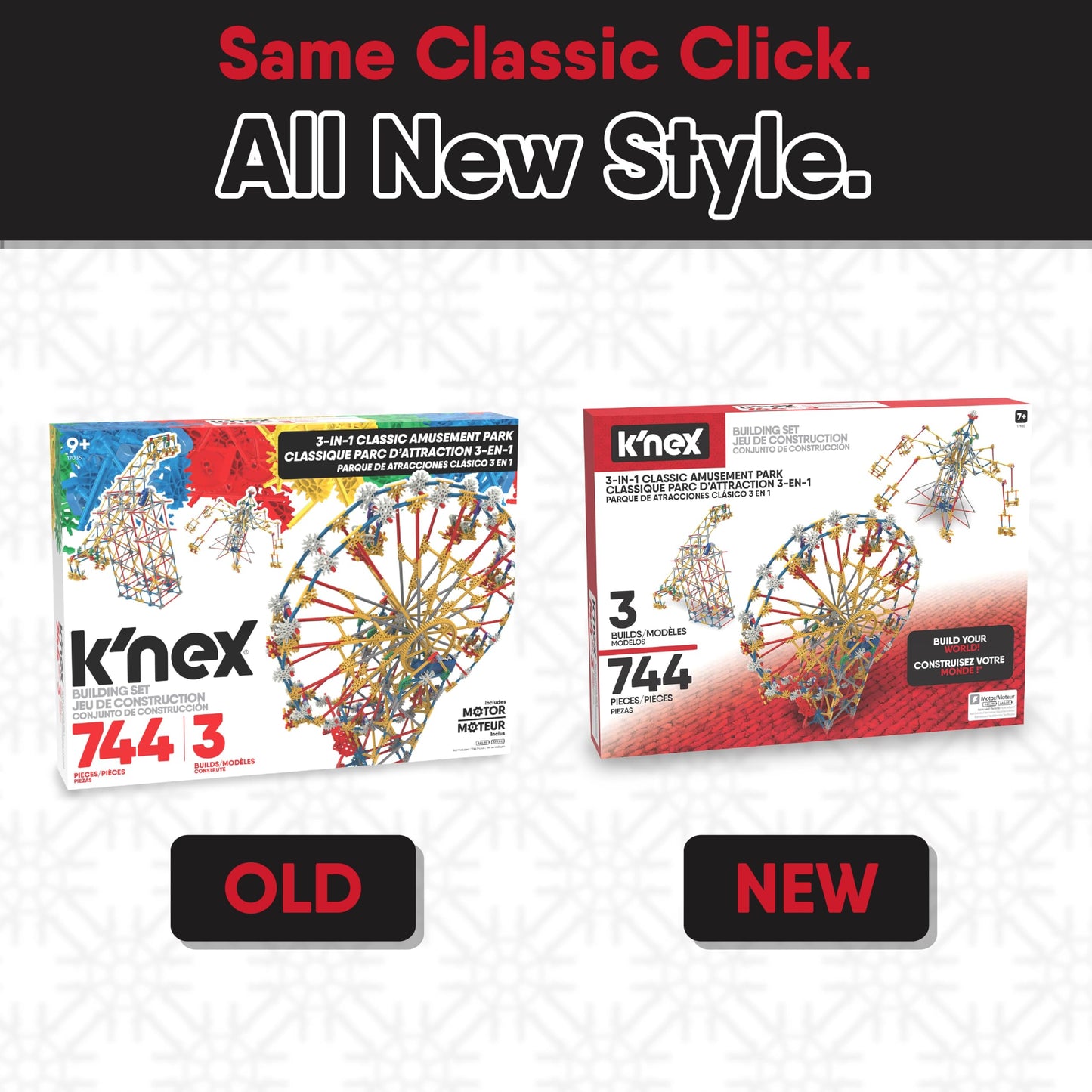 K'NEX - 3-in-1 Classic Amusement Park Building Set - 744 Pieces, Motorized, Kid Construction Set‚ Ages 9+