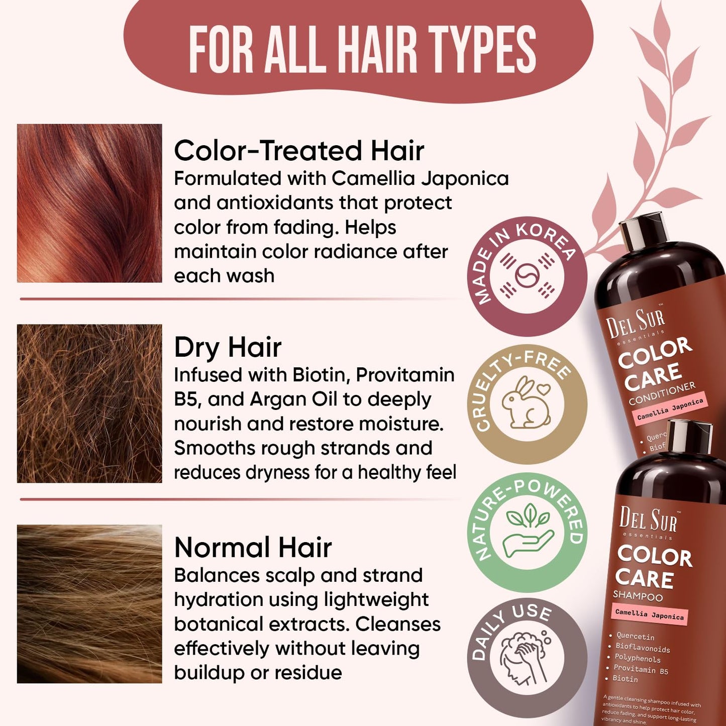 DEL SUR Color Safe Shampoo and Conditioner Set for Color Treated Hair | Camellia Japonica, Quercetin & Biotin | Anti-Frizz & Hydrating | 16 fl oz Each