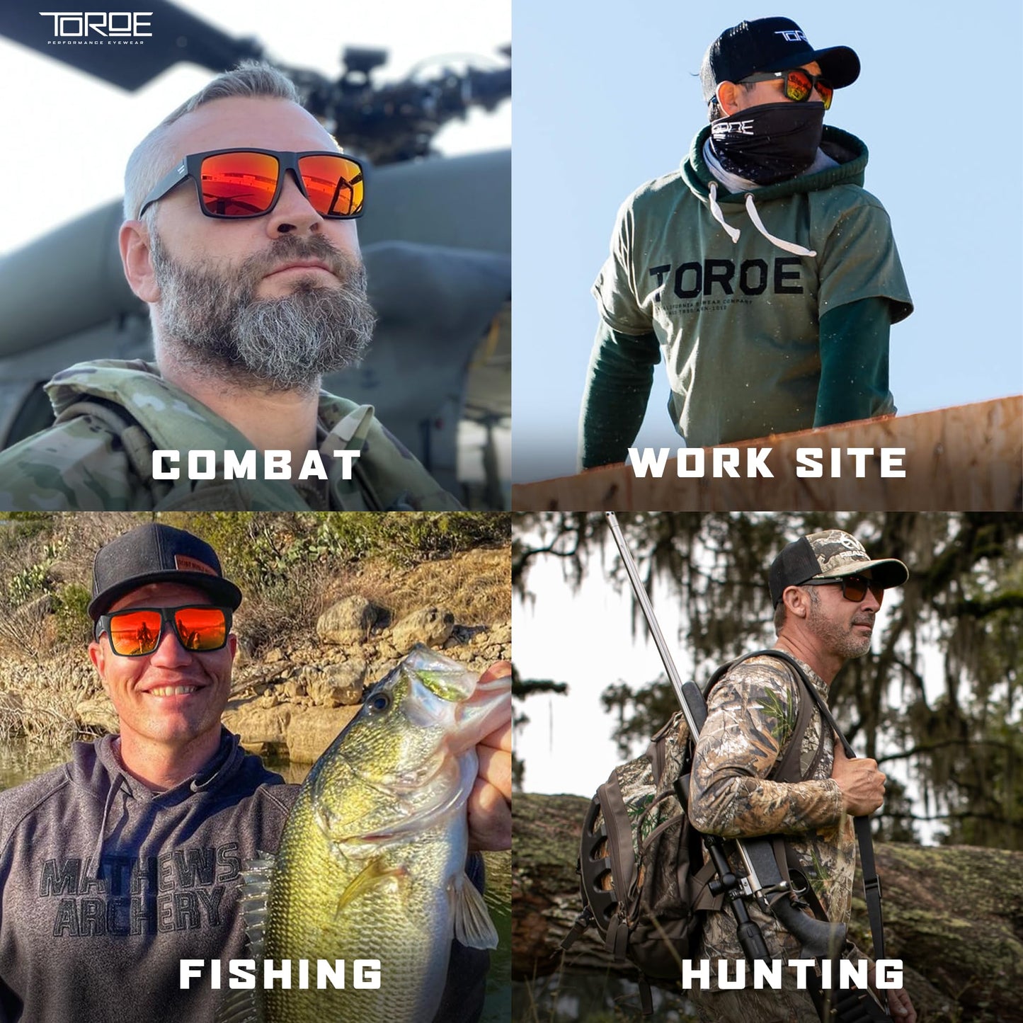 TOROE Eyewear Matte Black RANGE XL Frame Sunglasses Light Weight TR90 Frame, Polarized Polycarbonate Lens (Matte Black | Black Emblem, Fire Red (C3))