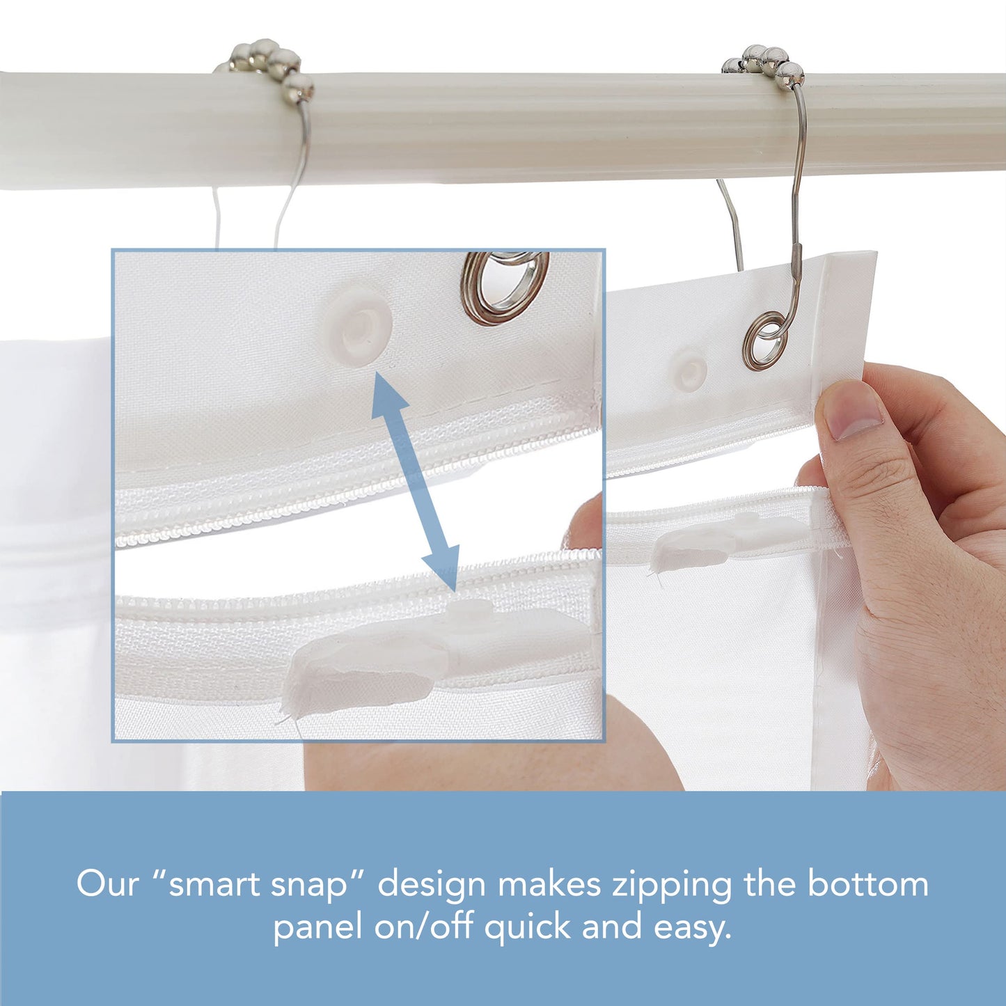 FRESH IDEAS Shower Curtain Liner with Shower Clips, Easy On/Off Liner with Zipper, Waterproof, White, Standard Size, 72 inches x 72 inches