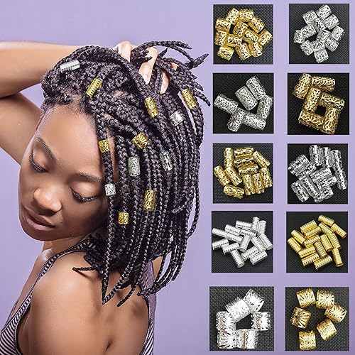 100 PCS Gold Hair Cuffs Hair Beads for Girls Silver Hair Jewelry for Braids Accessories, Flosius Hair Charms for Braids Dreadlock Accessories Loc