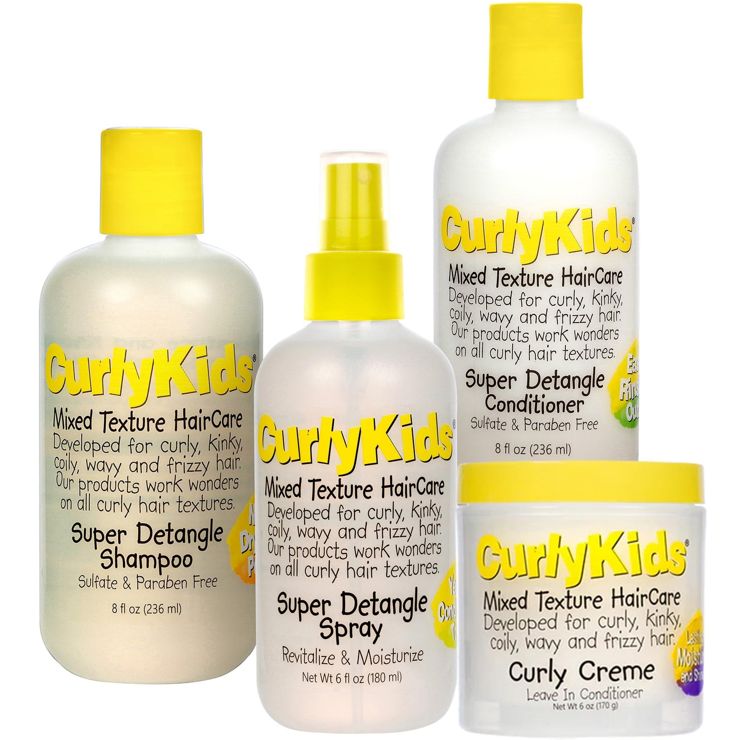 CurlyKids Textured Hair Care Set with Hair Detangler Spray, Kids Shampoo, Conditioner & Creme for Curly, Frizzy, & Wavy Hair | Sulfate & Paraben-Free