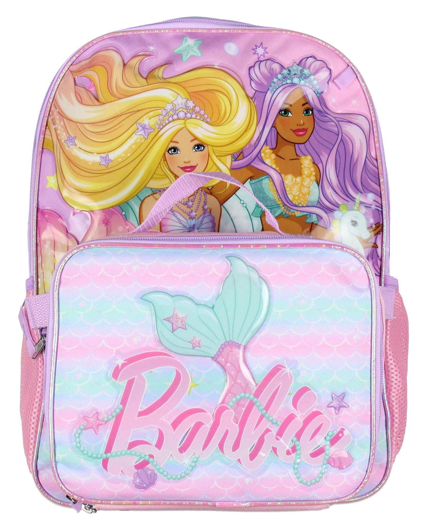 AI ACCESSORY INNOVATIONS Barbie Mermaids 5-Piece 16" Girls Backpack School Lunch Bag Set with Gadget Case Carabiner and Rubber Zipper Dangle