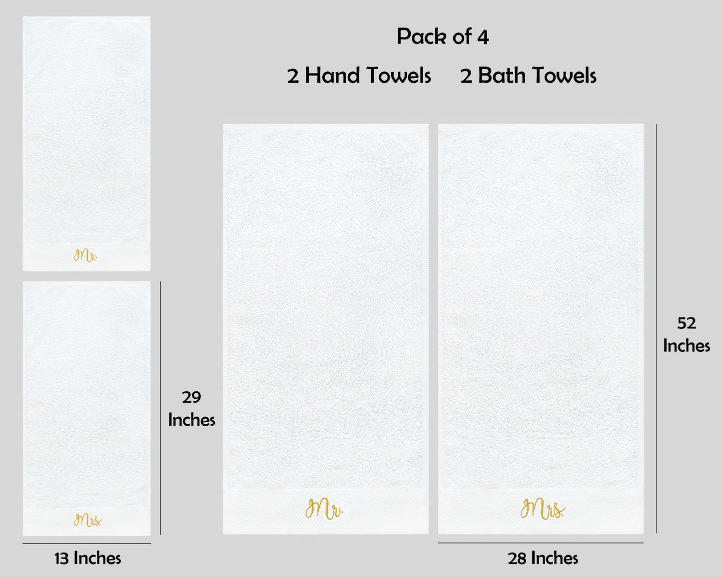 RUBBER BOND Mr and Mrs Towels Set with Gift Box - 4 Pack Bath & Hand Towels for Couples - Cotton Towels Set - Wedding, Honeymoon Gifts - White…