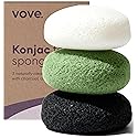 Vove Organic Konjac Facial Sponges 3-Pack - Natural Face Exfoliating Sponges with Bamboo Charcoal & Green Clay, Gentle Cleansing for All Skin Types