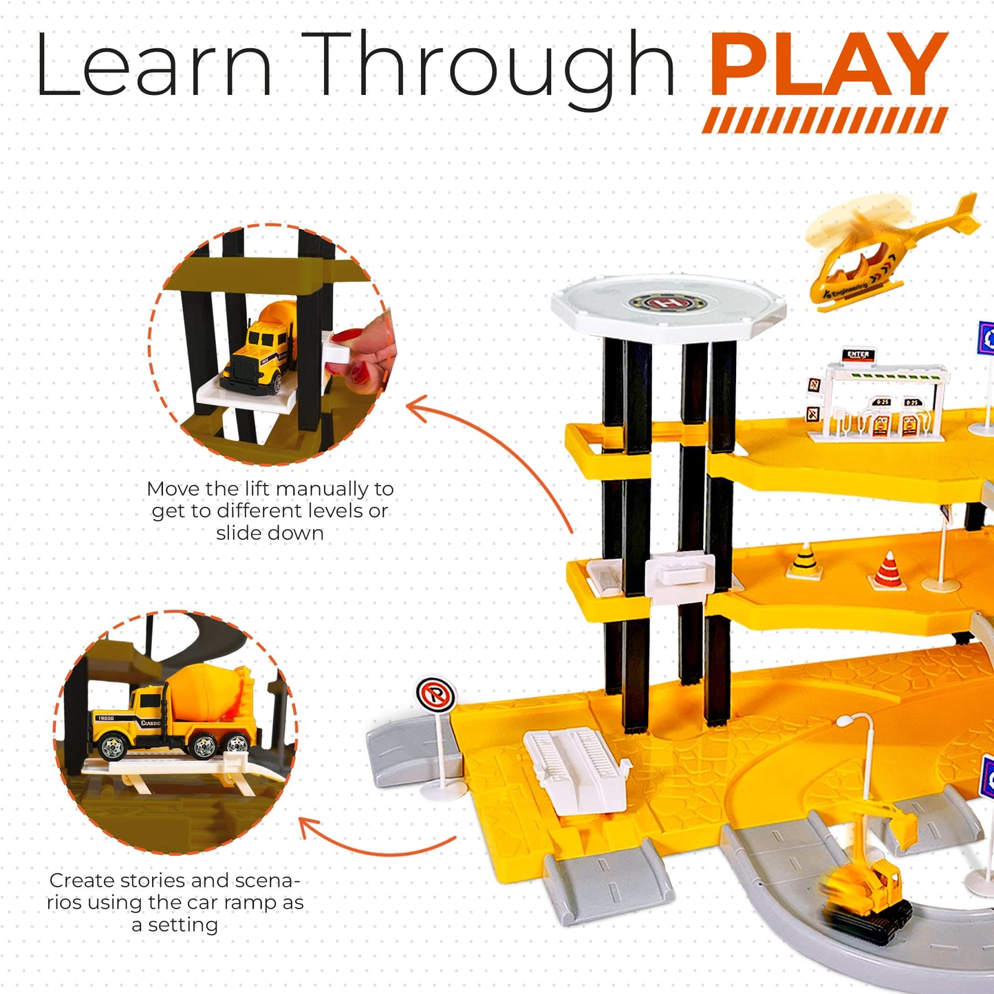 Toysical Construction Playset – Parking Garage with Vehicles, Helicopter, Figures, Road Setup & Floor Map – Construction Toys for Boys & Girls Ages 4-6