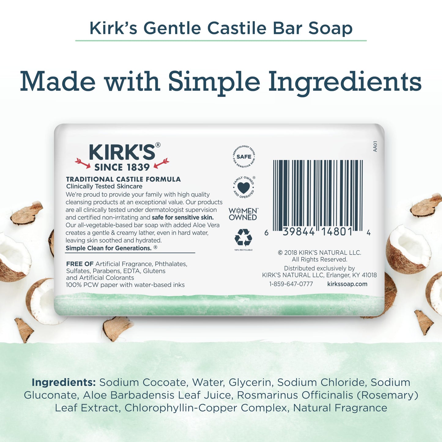 Kirk's Natural Original Coco Castile Soap with Aloe Vera, Pack of 3 Beauty & Personal Care Kirk's