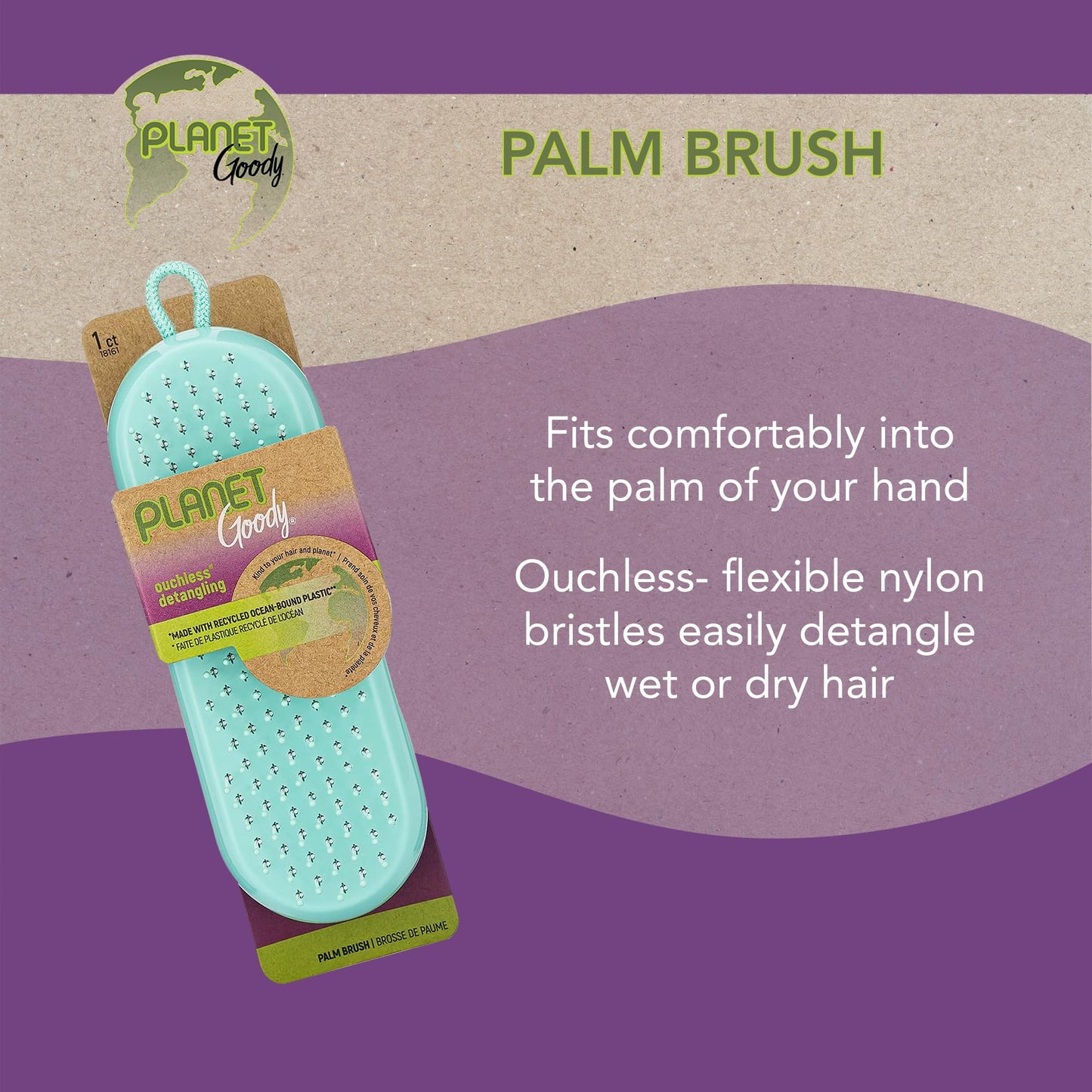 GOODY Planet Detangling Palm Hair Brush - Teal - Detangler Comb for Women,Men,and Kids - Wet or Dry - for Natural,Straight,Thick and Curly Hair - Made