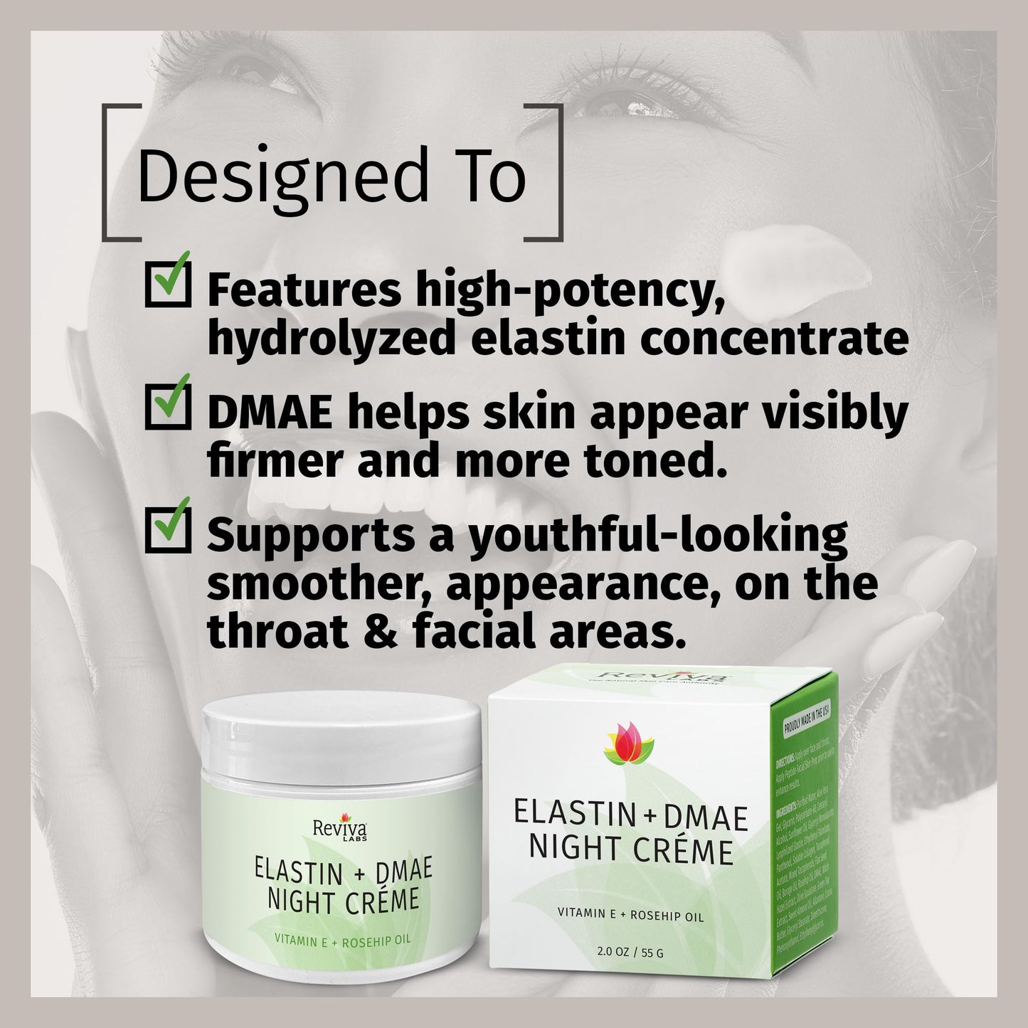 Reviva Labs Elastin and DMAE Cream - Firming Night Cream for Face, Neck, and Throat Area - Facial Moisturizer for Women, Tightening and Lifting Cream