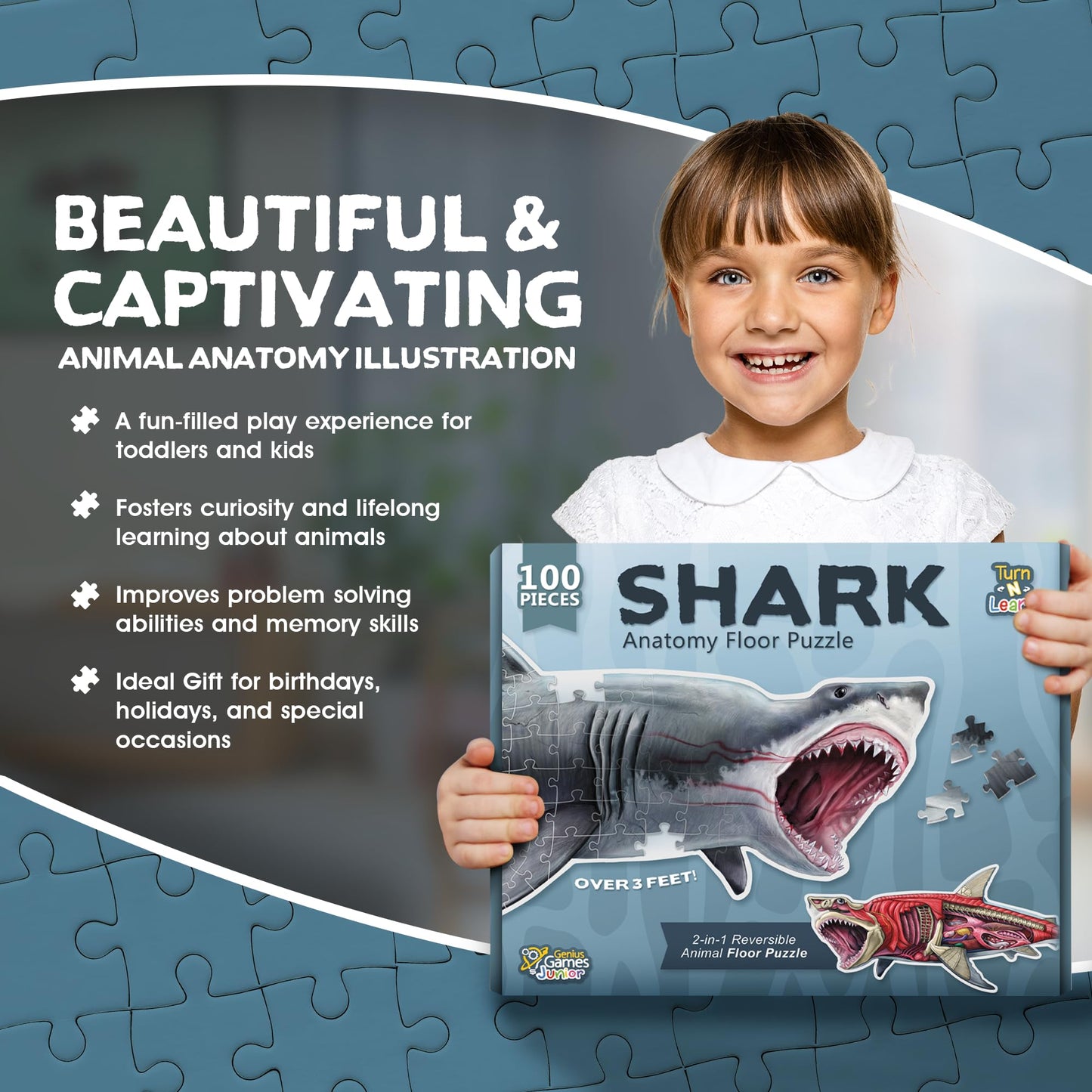 Shark Animal Anatomy Floor Puzzle – 100-Piece Double-Sided Jigsaw Puzzle for Kids Ages 4-8, Educational Large Floor Puzzle for Toddlers & Families