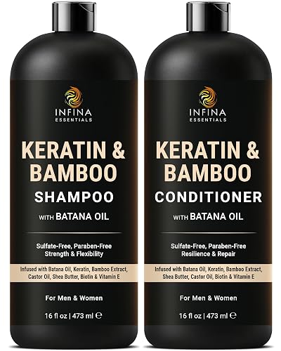 INFINA ESSENTIALS Keratin Shampoo and Conditioner Set | Frizz Control & Smoothing with Batana Oil & Bamboo Extract | Sulfate-Free | Men & Women | 16