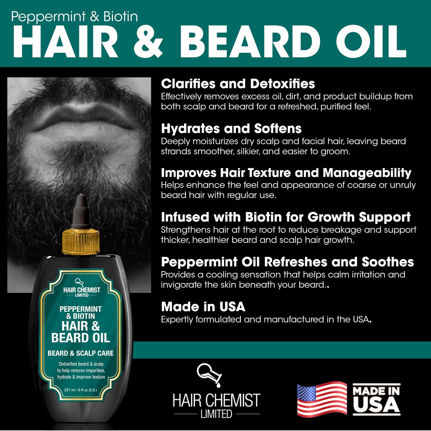 Hair Chemist Beard & Scalp Care Peppermint & Biotin Hair & Beard Oil 8 oz.